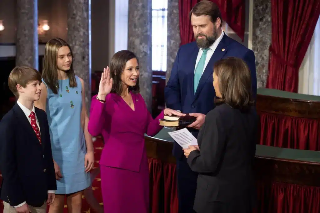 Katie Britt speaking at the U.S. Senate, highlighting her role as a prominent conservative voice and advocate for key legislative priorities