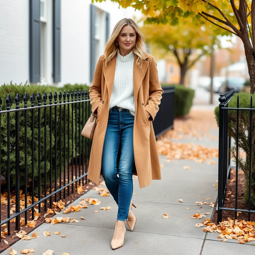 camel coat paired with a white sweater and a pair of classic blue jeans