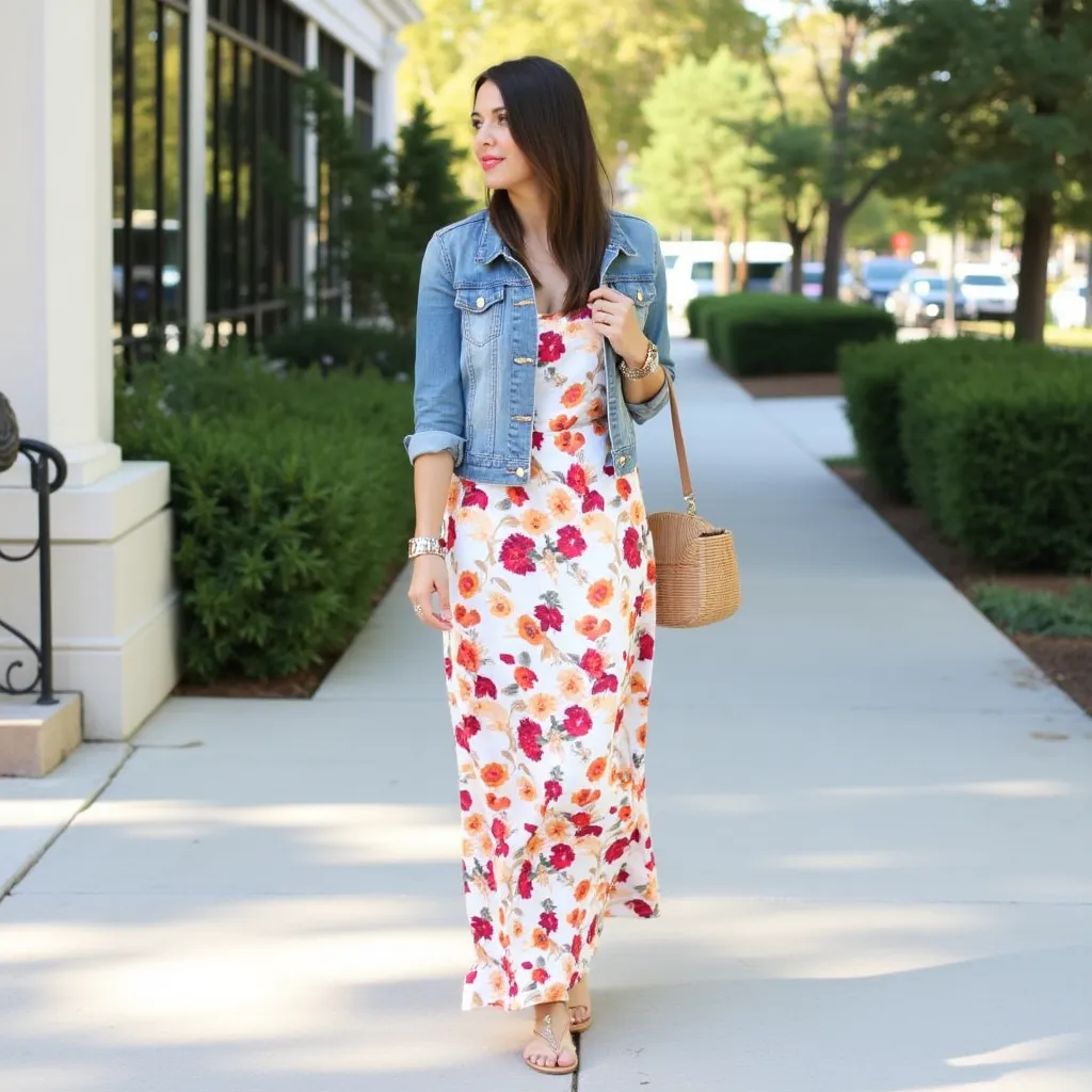 Style floral dress with a denim jacket and sandals for a picnic