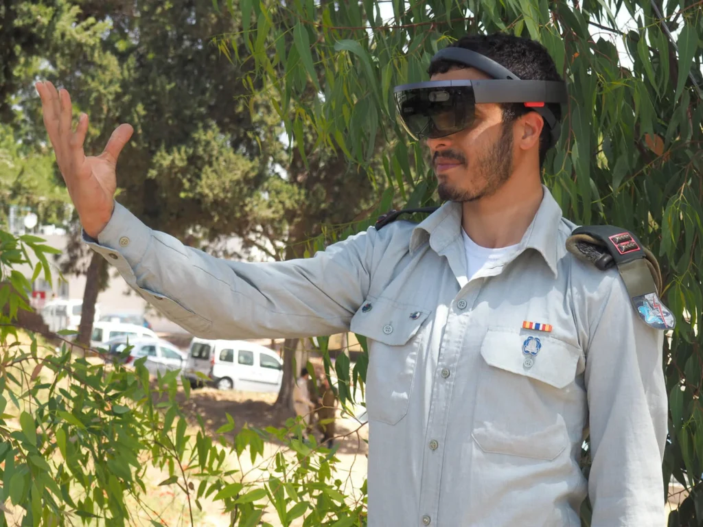 File picture dated 20 April 2017 showing Lieutenant-Colonel Li Ofri wearing HoloLens glasses by Microsoft in a military base in Ramat Gan, Israel.